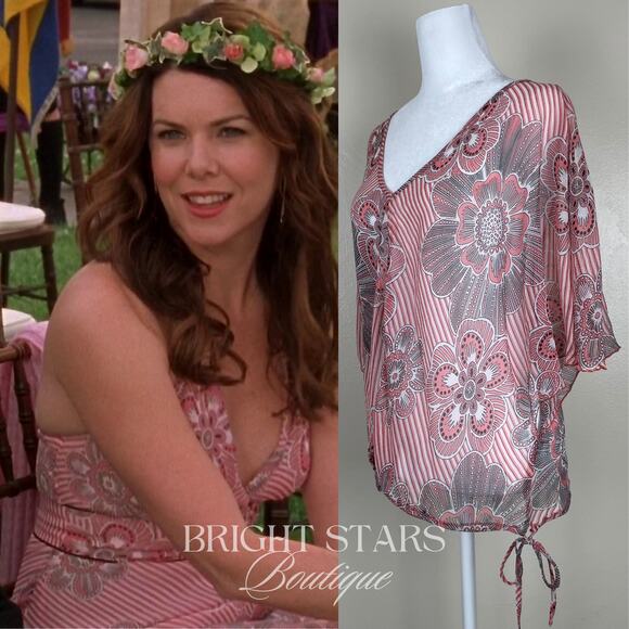 Rare Pink Silk Floral Top ALT ASO Lorelai Gilmore Girls Patterned V-Neck Y2K VTG - Picture 3 of 15